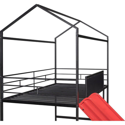 Metal House Bed With Slide, Twin Size Metal Loft Bed with Two-sided writable Wooden Board (Black and Red)