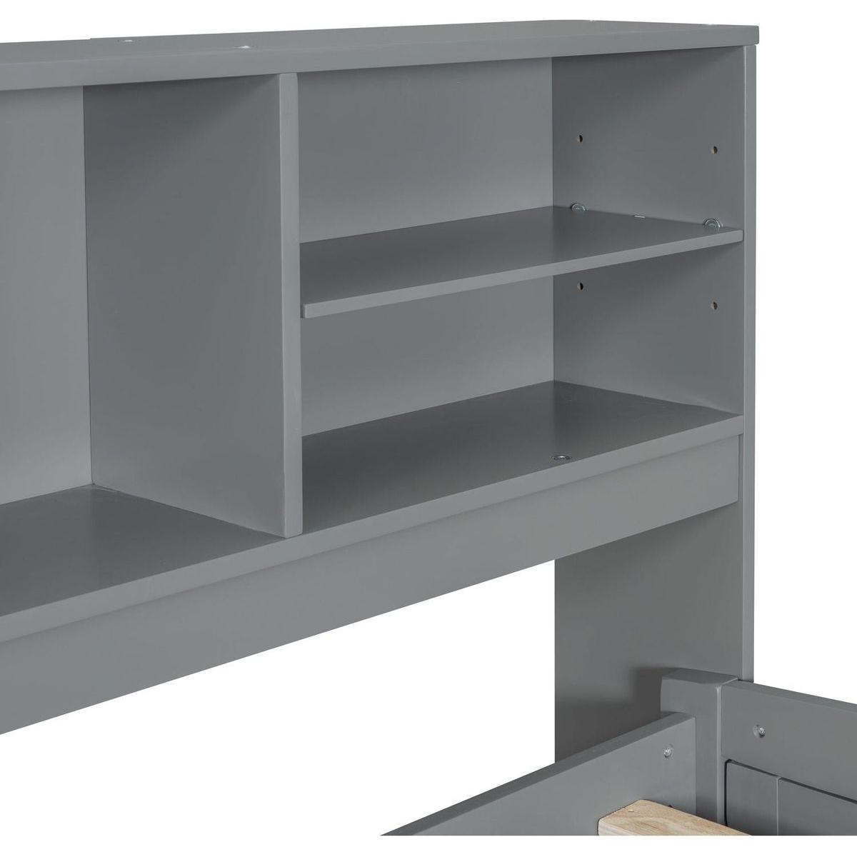 Full Size Wood Daybed with 2 Bedside Cabinets, Upper Shelves and 4 Drawers, Gray