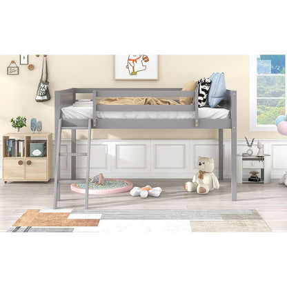 Twin Size Wood Low Loft Bed with Ladder, ladder can be placed on the left or right, Gray