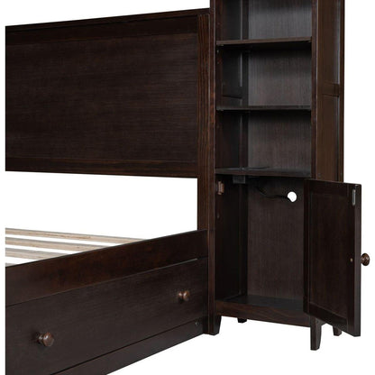 Queen Size Wooden Bed With All-in-One Cabinet, Shelf and Sockets, Espresso