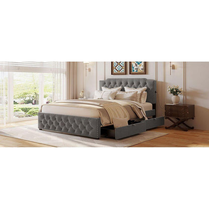 Queen Size Upholstered Platform Bed with 2 Drawers and 2 sets of USB Ports on each side, Linen Fabric, Gray