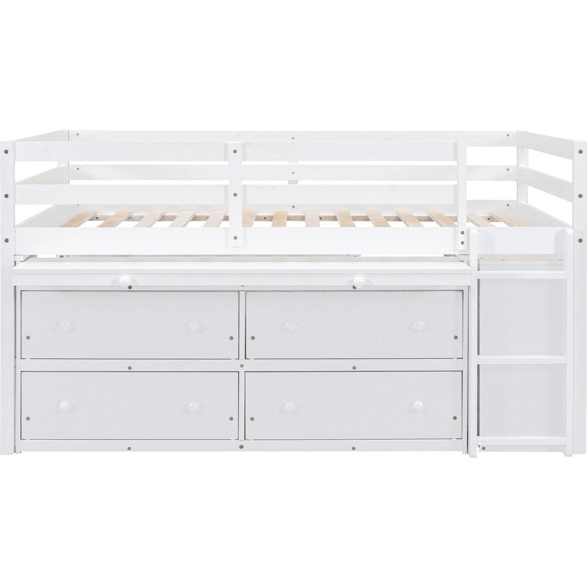 Full Size Loft Bed with Retractable Writing Desk and 4 Drawers, Wooden Loft Bed with Lateral Portable Desk and Shelves, White