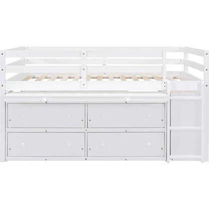 Full Size Loft Bed with Retractable Writing Desk and 4 Drawers, Wooden Loft Bed with Lateral Portable Desk and Shelves, White
