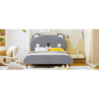 Full Size Upholstered Platform Bed with Koala-Shaped Headboard, Gray