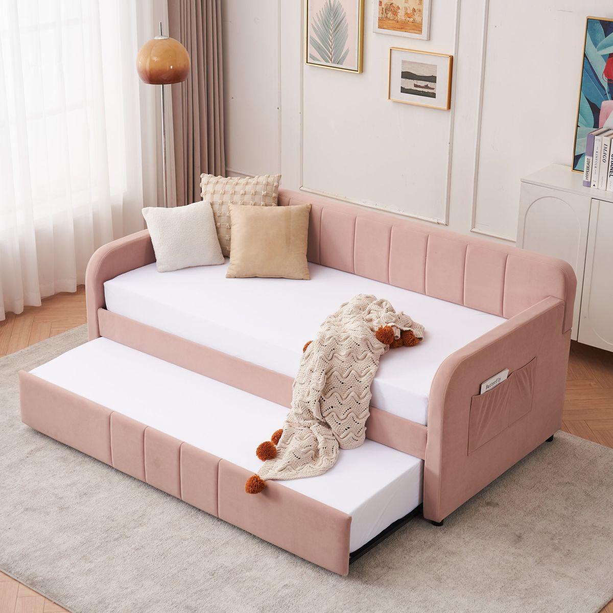 Twin Upholstered Daybed Frame with Trundle, Twin Size Sofa Bed for Bedroom Living Room Guest Room, Wood Slat Support,Pink