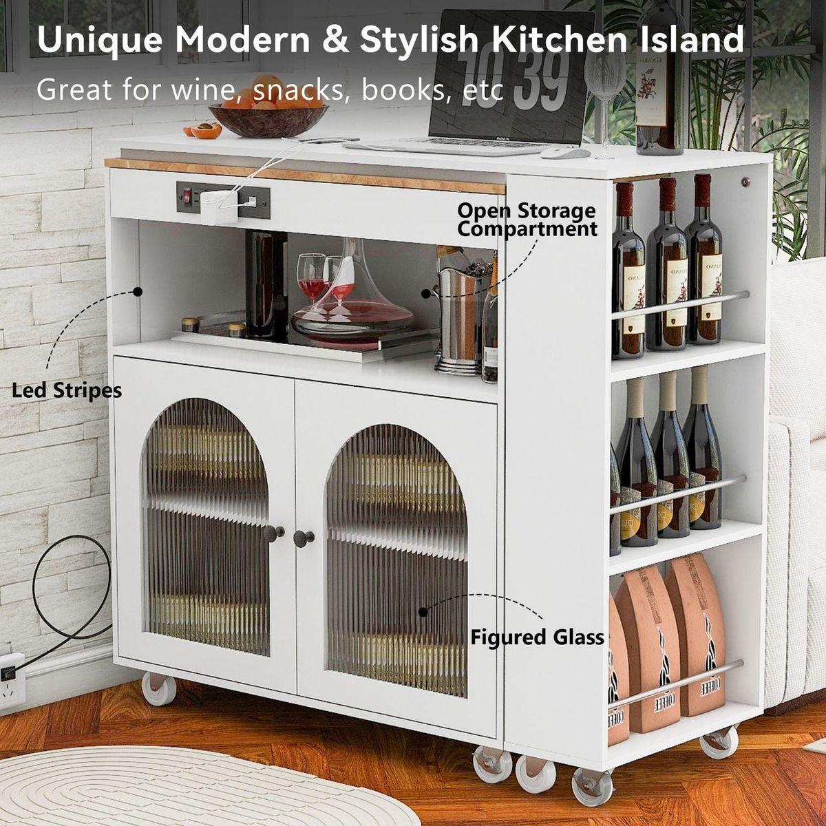 Rolling Kitchen Island With Movable Extended Table, Kitchen Cabinet on Wheels with Power Outlets and 2 Fluted Glass Doors, Kitchen Island with a Storage Compartment and Side 3 Open Shelves, White