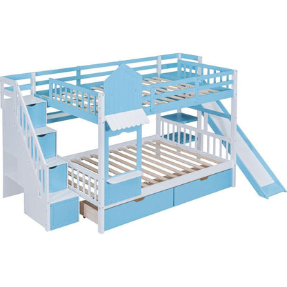 Full-Over-Full Castle Style Bunk Bed with 2 Drawers 3 Shelves and Slide - Blue