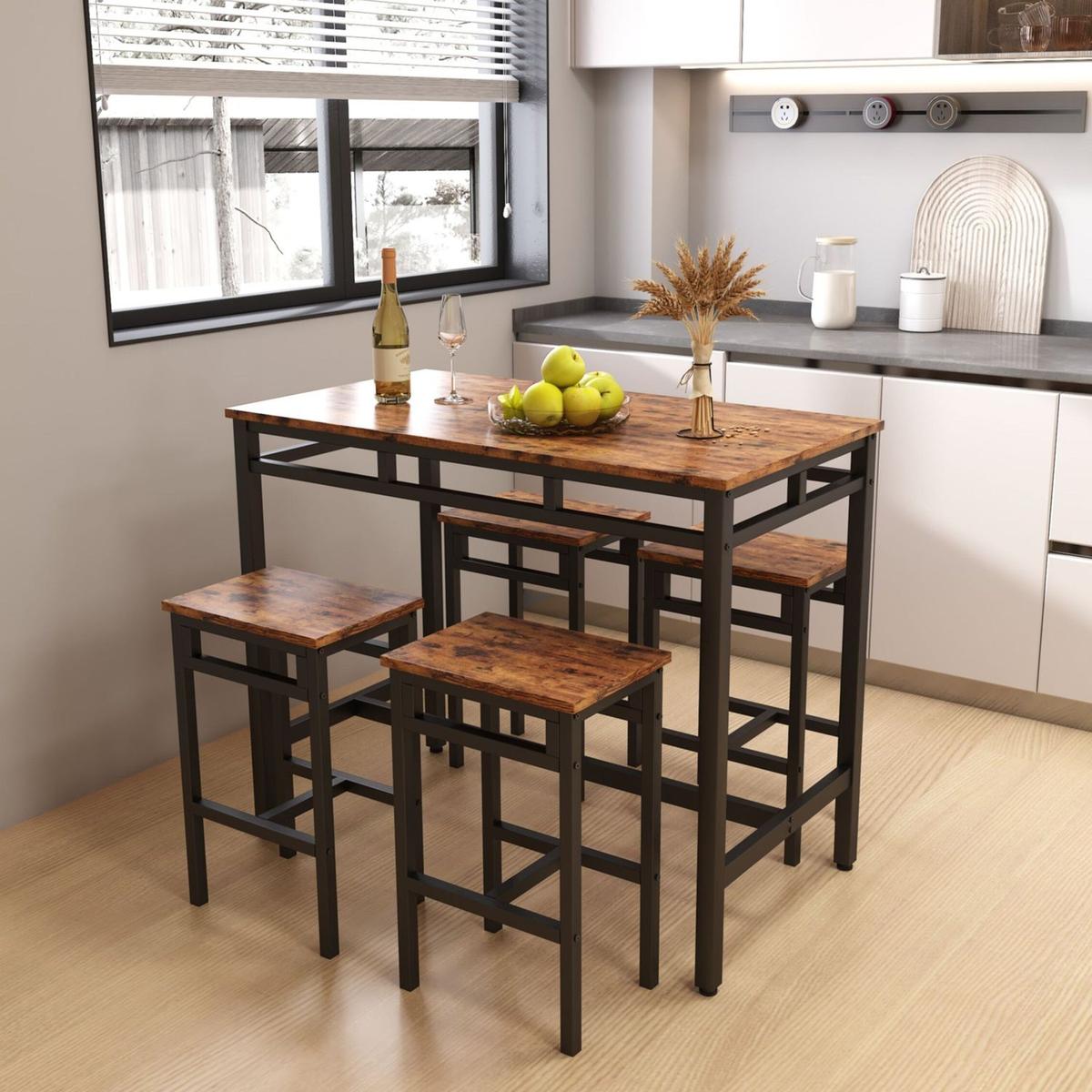 Bar table set 5PC Dinging table set with high stools, structural strengthening, industrial style. Rustic Brown, 43.31" L x 23.62" W x 35.43" H.