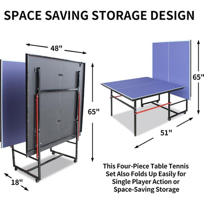 8ft Mid-Size Table Tennis Table Foldable & Portable Ping Pong Table Set for Indoor & Outdoor Games with Net, 2 Table Tennis Paddles and 3 Balls