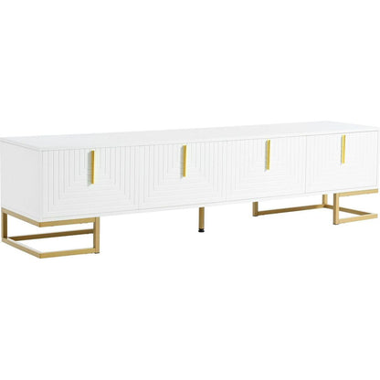 Modern TV Stand with Metal Legs and Gold Handles for TVs Up to 80", Media Console Table with Cabinets and Adjustable Shelves, Luxury TV Cabinet with Geometric Lines for Living Room, White