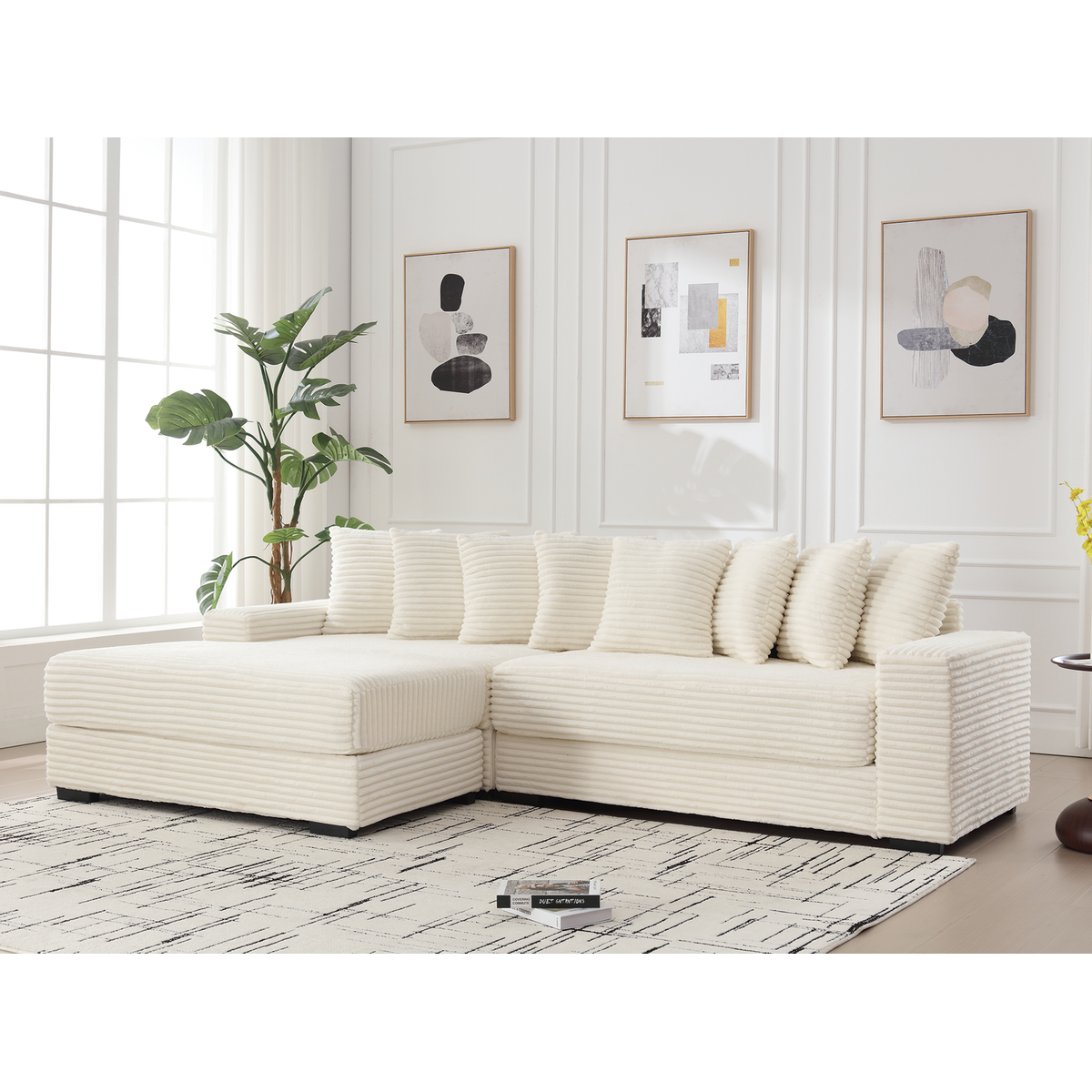 Oversized Two-Piece Couches, L Shaped Sofa, Corduroy, Left Chaise Daybed,with Armrests,Eight Throw Pillows,Corner Sofa,Easy To Assemble, Beige