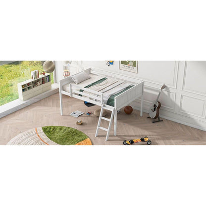 Full Size Wood Low Loft Bed with Ladder, ladder can be placed on the left or right, White(O