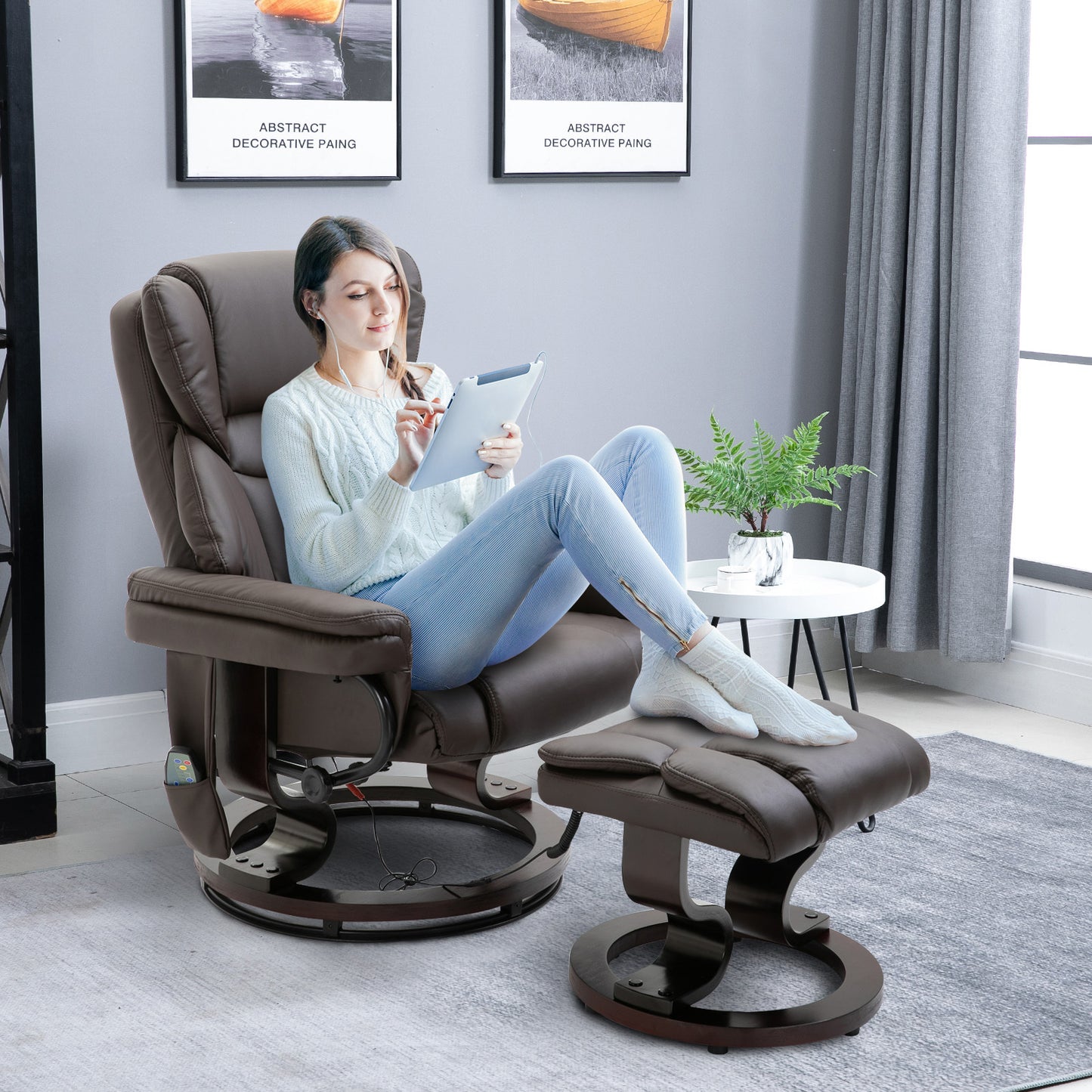 Massage Recliner Chair with Ottoman Footrest, 10 Vibration Points, 360 Swivel Reclining Chair, Faux Leather Living Room Chair with Side Pocket and Remote Control, Brown