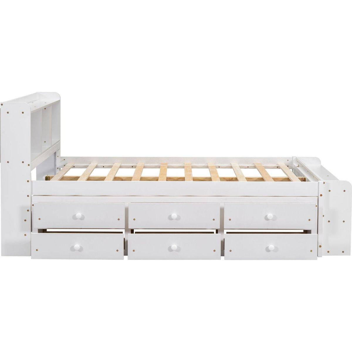 Full Bed with Bookcase Headboard, Under bed Storage Drawers and Bed End Storage Case,White