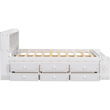 Full Bed with Bookcase Headboard, Under bed Storage Drawers and Bed End Storage Case,White