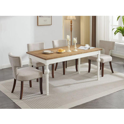 Mid Century Modern Dining Chairs Set of 2, Farmhouse Linen Fabric Upholstered Accent Chair Curved Backrest with Copper Nails around,Kitchen Chairs with Hardwood Frame, Beige