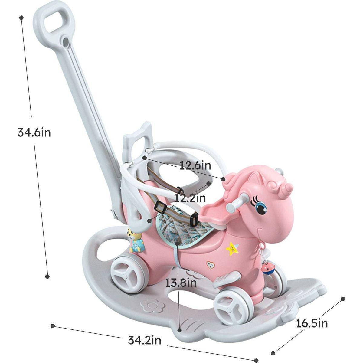 Rocking Horse for Toddlers, Balance Bike Ride On Toys with Push Handle, Backrest and Balance Board for Baby Girl and Boy, Unicorn Kids Pink Color