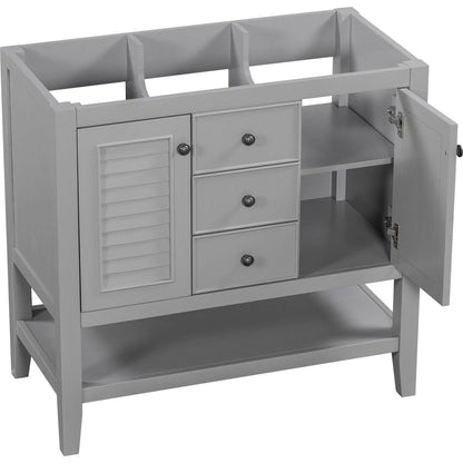 36" Bathroom Vanity without Sink, Cabinet Base Only, Two Cabinets and Drawers, Open Shelf, Solid Wood Frame, Grey