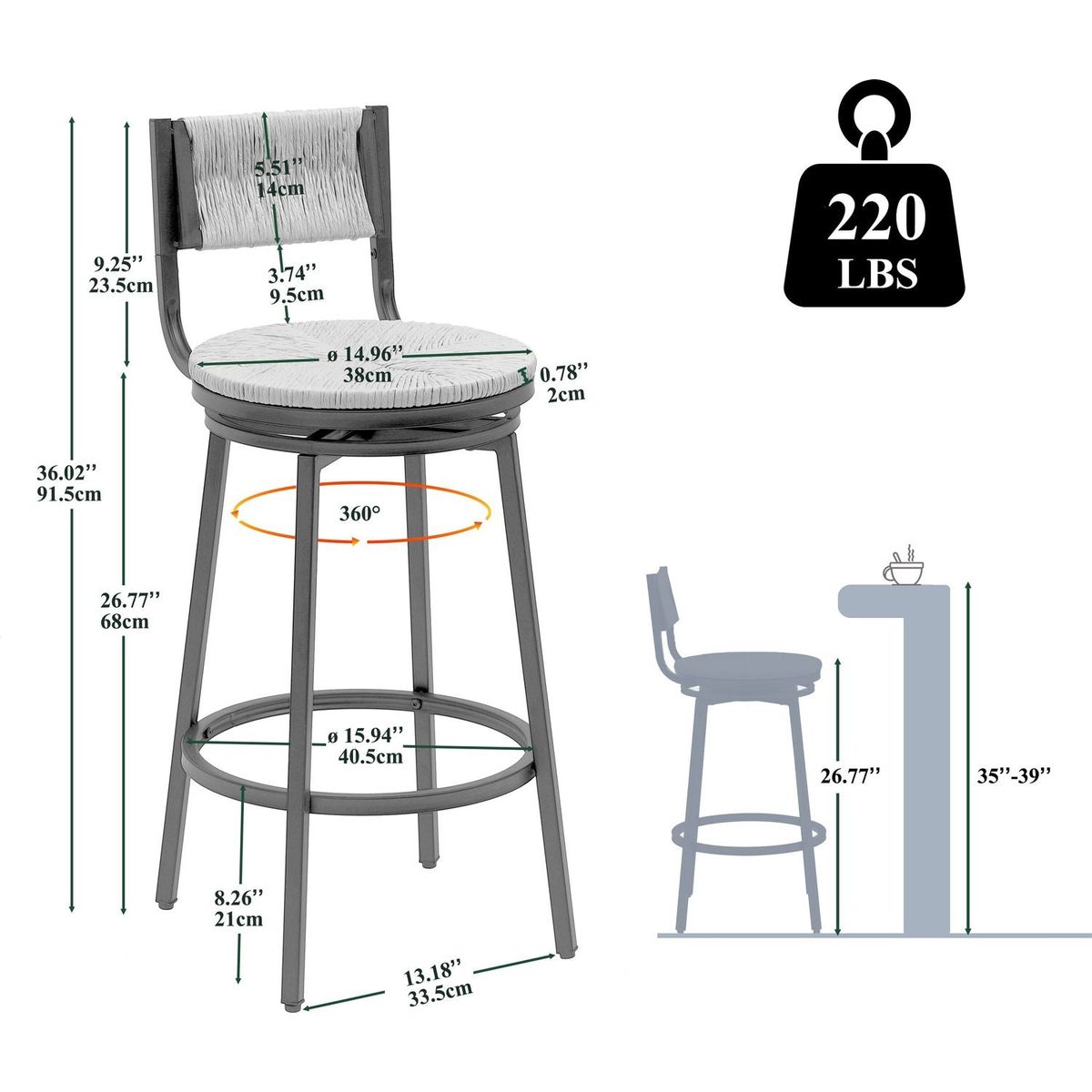 Creamy White Bar Stools Swivel Counter Chairs with Metal Frame Set of 2 Hand Woven Paper Rope Dining Barstools for Kitchen Counter (Creamy White)
