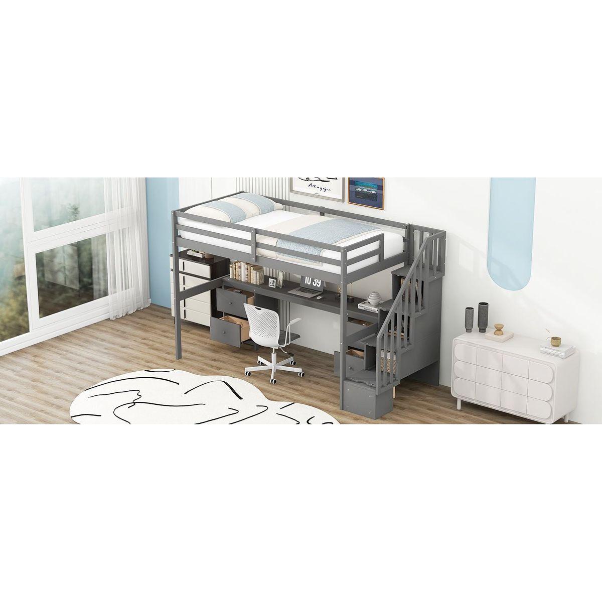 Twin Size Loft Bed Frame with Built-in Desk and Double Storage Drawers,Gray