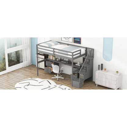 Twin Size Loft Bed Frame with Built-in Desk and Double Storage Drawers,Gray