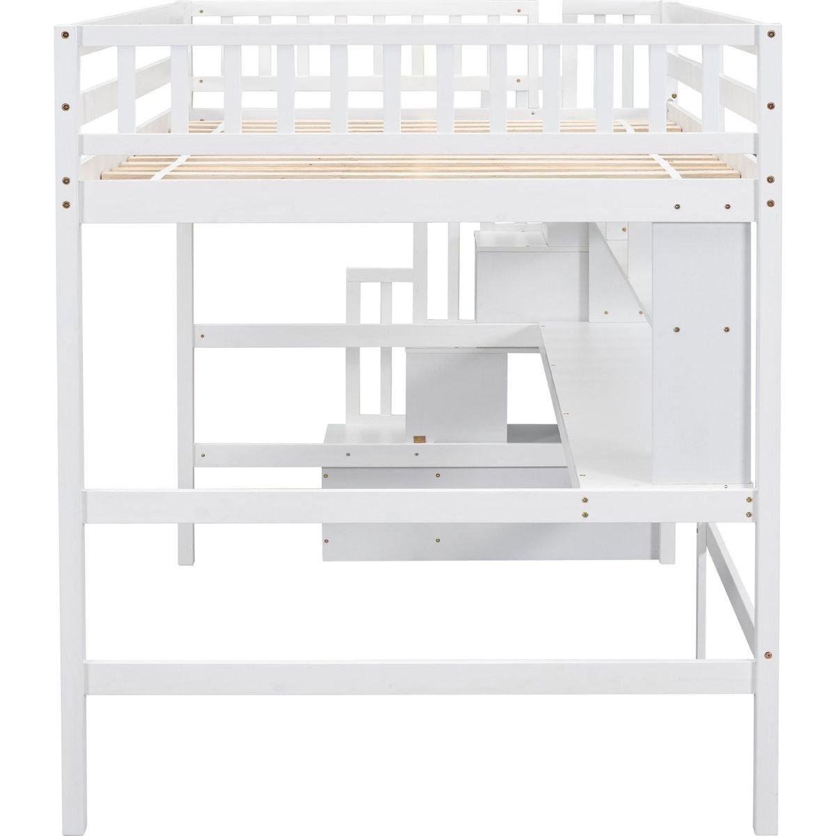 Full Size Loft Bed with Built-in Desk, Bookshelves and Storage Staircase,White