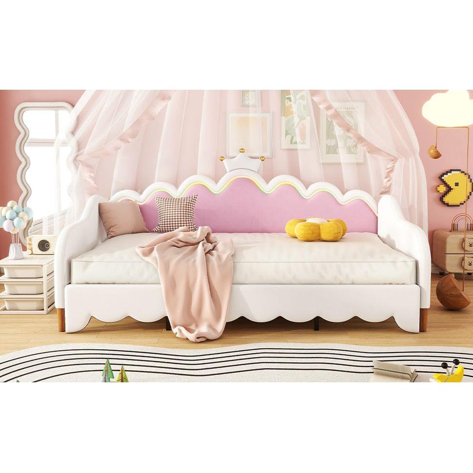 Twin Extending Daybed with LED Lights, Modern Upholstered Princess Daybed With Crown Headboard,White - Streamdale Furniture