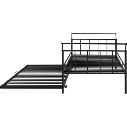 Twin Size Metal Daybed with Curved Handle Design and Twin Size Trundle, Black