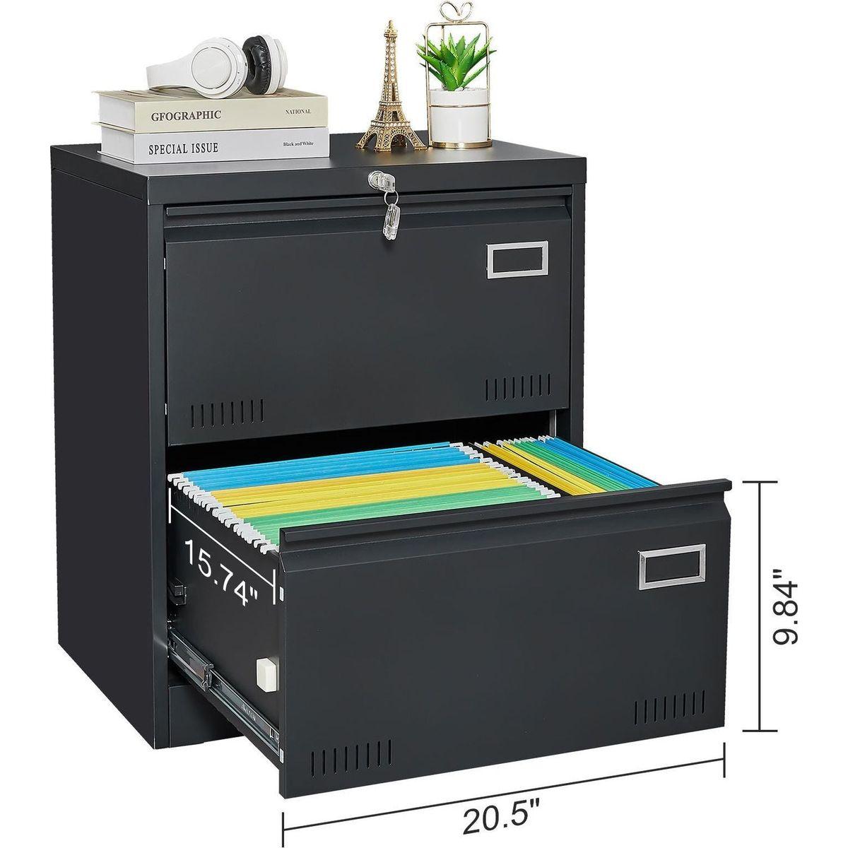 2 Drawer Metal Lateral File Cabinet with Lock,Office Vertical Files Cabinet for Home Office/Legal/Letter/A4,Locking Metal File Cabinet,Assembly Required (Black,with 2 Drawer)