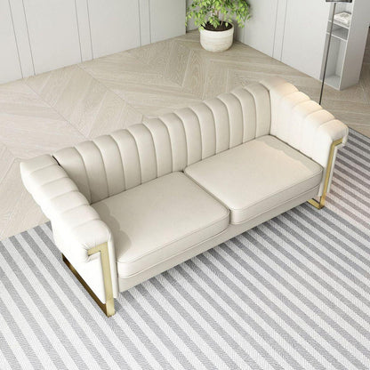 SOFA Modern Cream Velvet Sofa with Gold Accents - Sleek Channel-Tufted Upholstery, 3-Seat Couch for Living Room and Office Decor