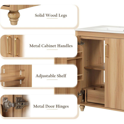 30" Bathroom Vanity with Sink Combo, Multi-functional Bathroom Cabinet with Doors and Drawer, MDF Board, Natural