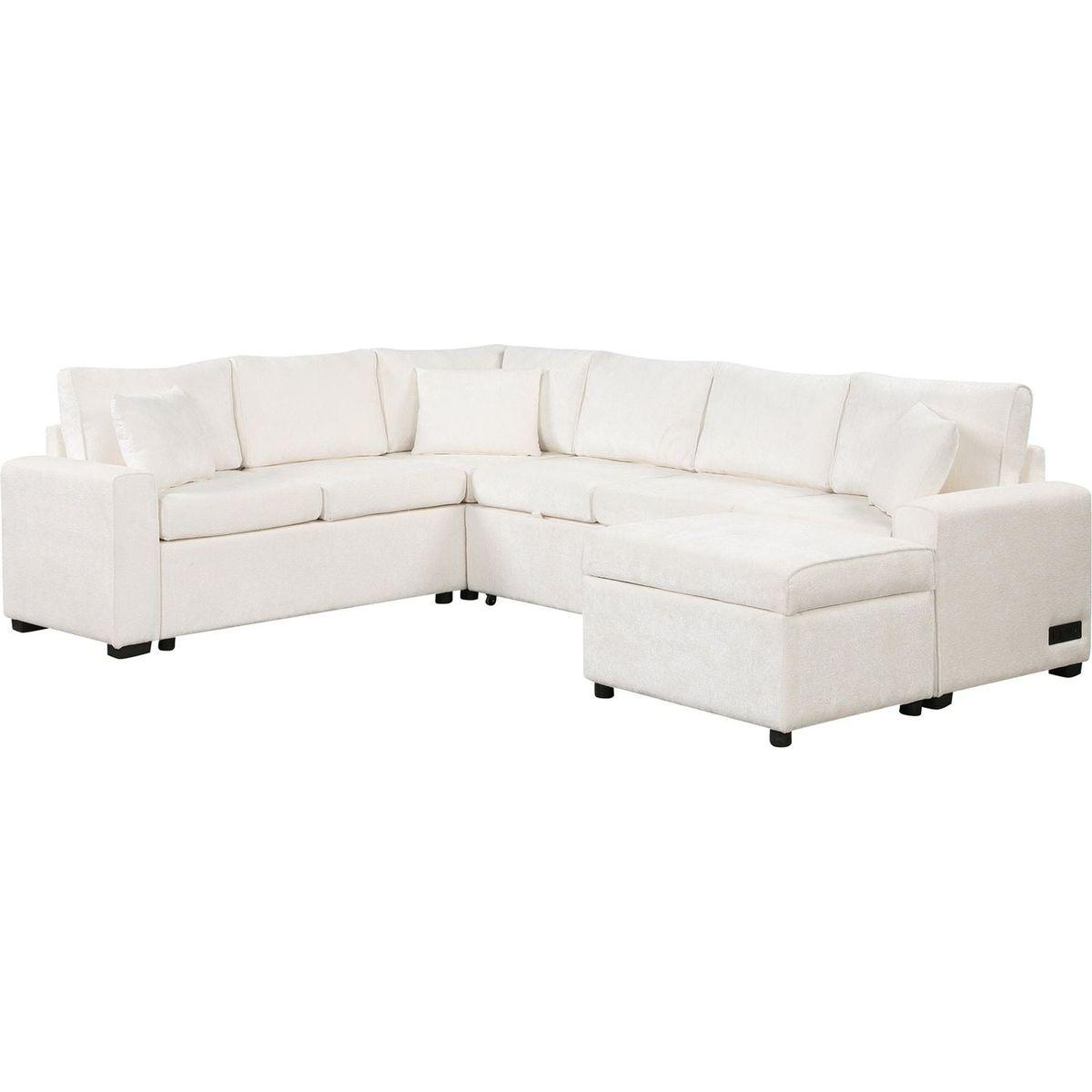 112.2" Sectional Sofa Pull-out Sofa Bed Sleeper with a Storage Ottoman,Three Pillows and Charging Devices for Living Room, Cream