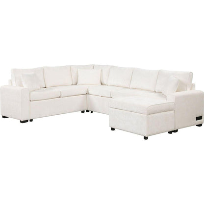 112.2" Sectional Sofa Pull-out Sofa Bed Sleeper with a Storage Ottoman,Three Pillows and Charging Devices for Living Room, Cream