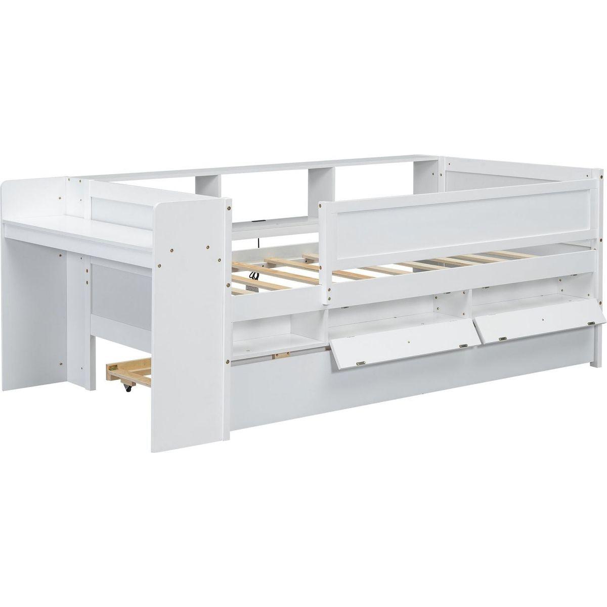 Multi-Functional Twin Daybed with Drawers and Trundle, Headboard Storage and Tables, USB Charging Station, White