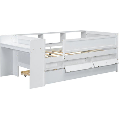 Multi-Functional Twin Daybed with Drawers and Trundle, Headboard Storage and Tables, USB Charging Station, White