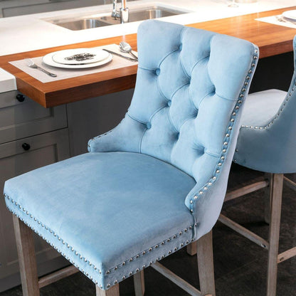 Contemporary Velvet Upholstered Barstools with Button Tufted Decoration and Wooden Legs, and Chrome Nailhead Trim, Leisure Style Bar Chairs,Bar stools, Set of 2 (Light Blue)