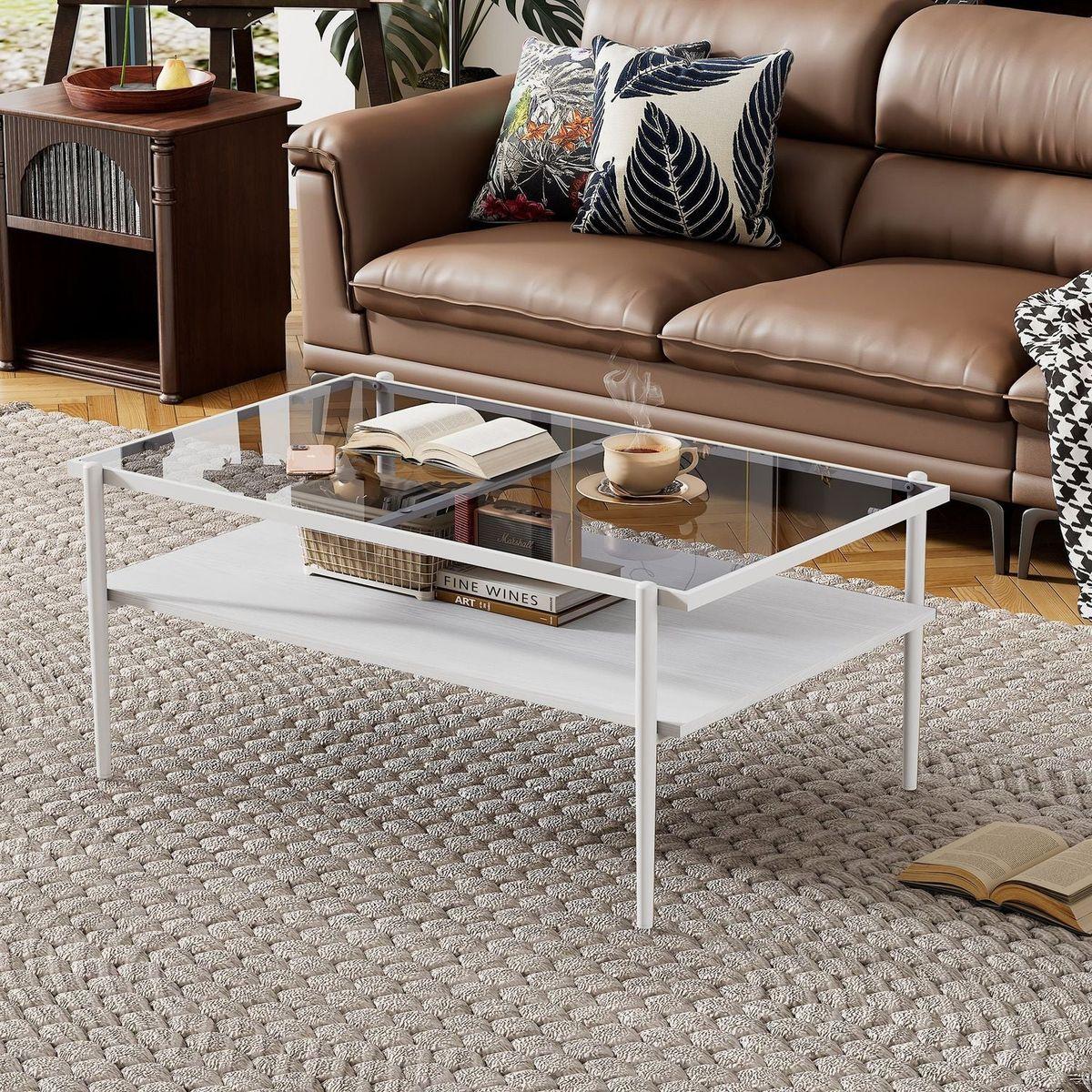 Rectangle Coffee Table with Gray Tempered Glass top and White Legs, Modern Table for Living Room - Streamdale Furniture