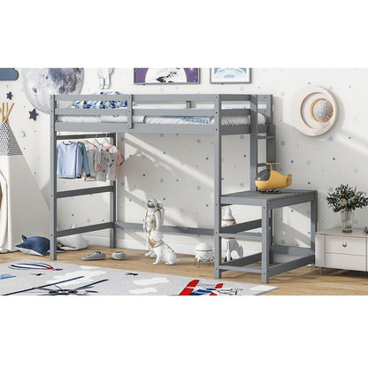 Twin High Loft Bed with Ladder landing Platform, Ladders, Guardrails,Grey