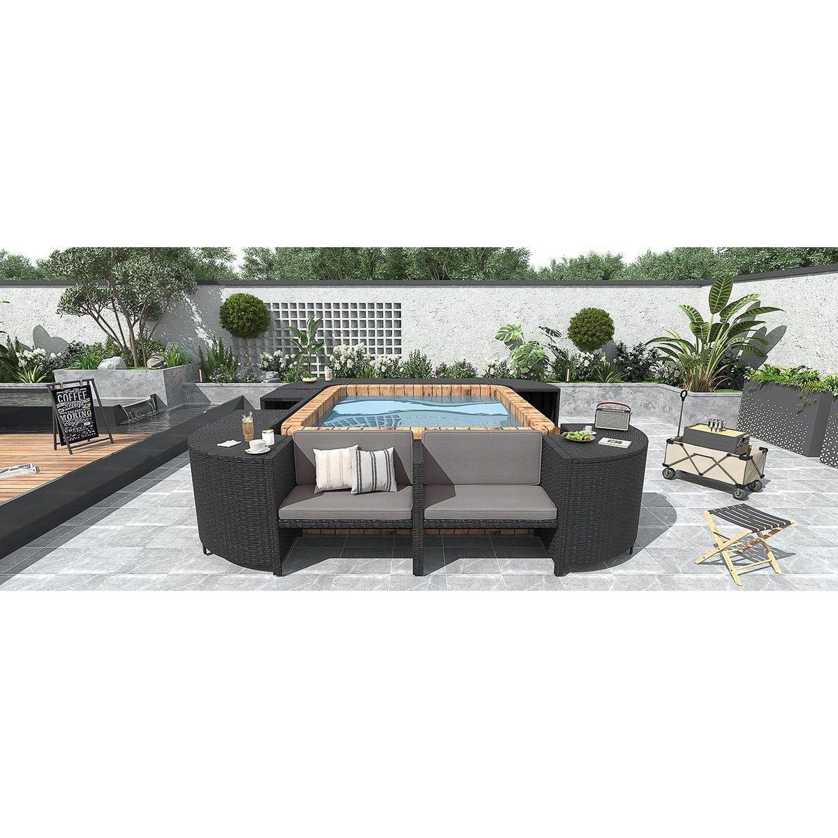 Spa Surround Spa Frame Quadrilateral Outdoor Rattan Sectional Sofa Set with Mini Sofa, Wooden Seats and Storage Spaces, Grey