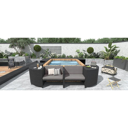 Spa Surround Spa Frame Quadrilateral Outdoor Rattan Sectional Sofa Set with Mini Sofa, Wooden Seats and Storage Spaces, Grey