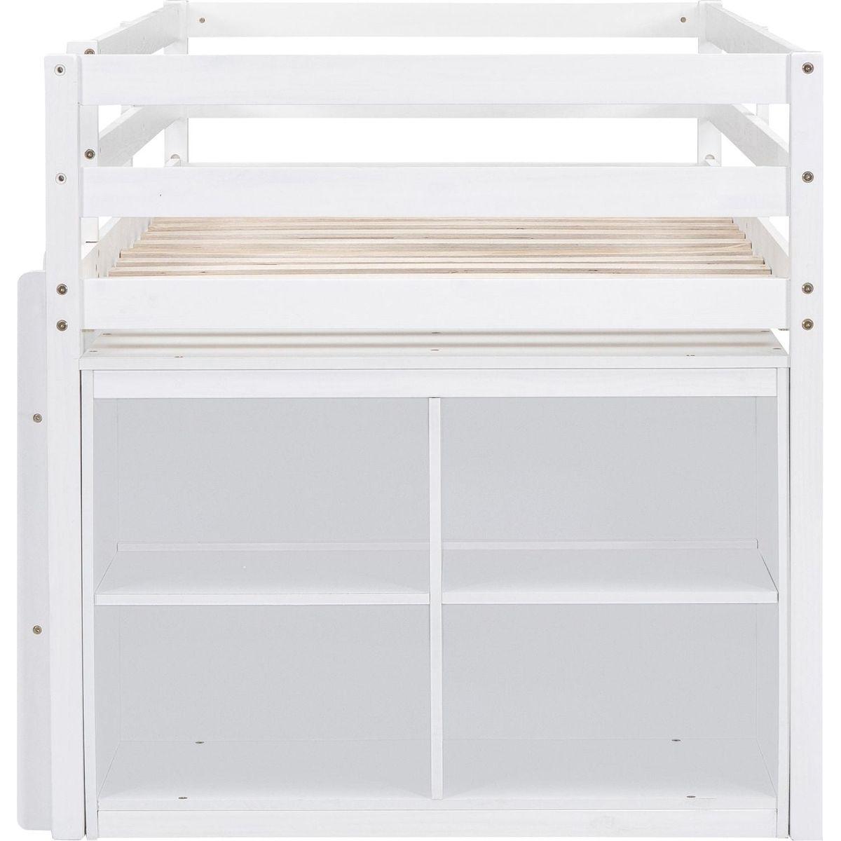 Twin Size Loft Bed with Retractable Writing Desk and 4 Drawers, Wooden Loft Bed with Lateral Portable Desk and Shelves, White