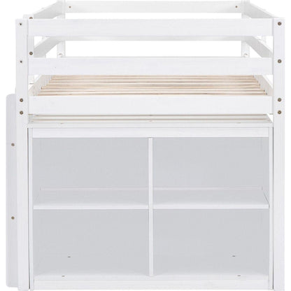 Twin Size Loft Bed with Retractable Writing Desk and 4 Drawers, Wooden Loft Bed with Lateral Portable Desk and Shelves, White