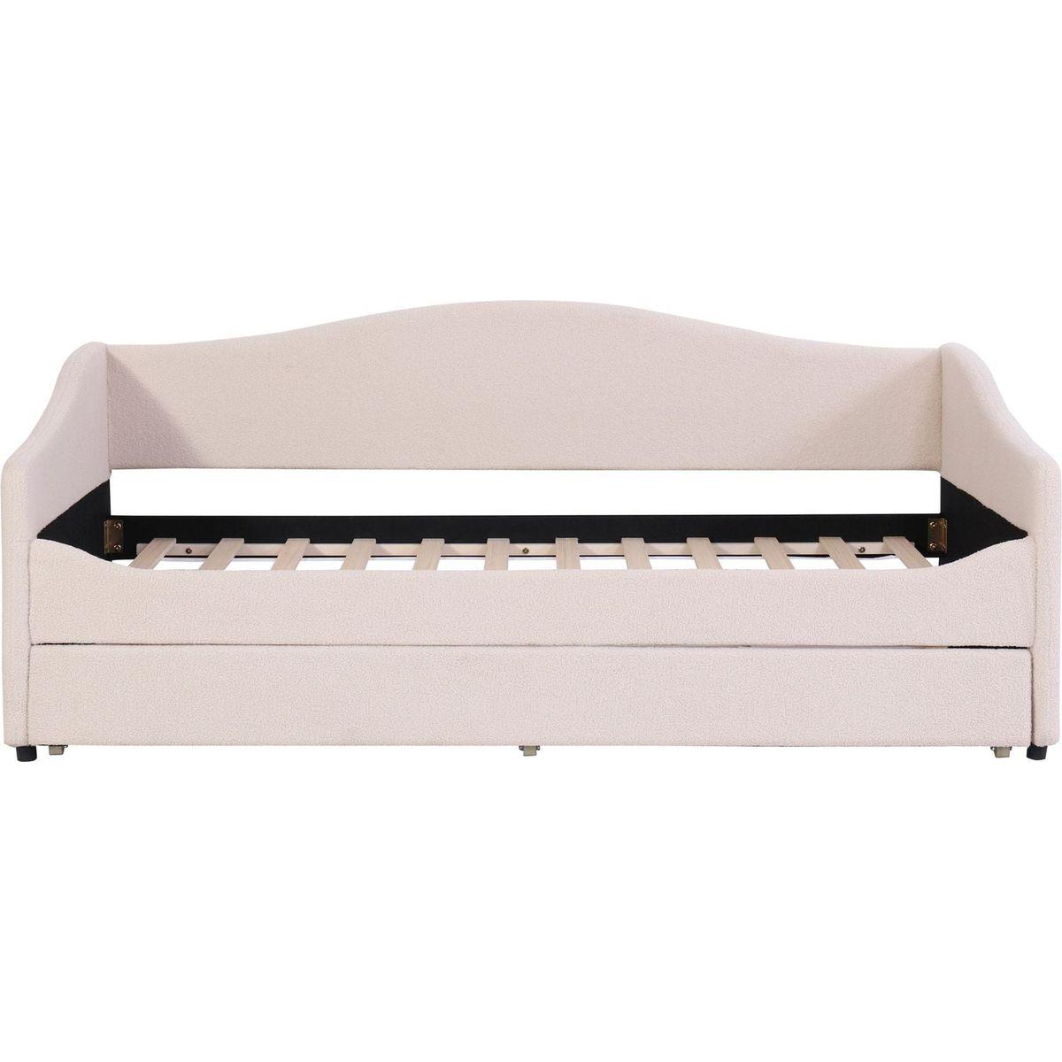 Teddy Fleece Twin Size Upholstered Daybed with Light and Trundle, Beige