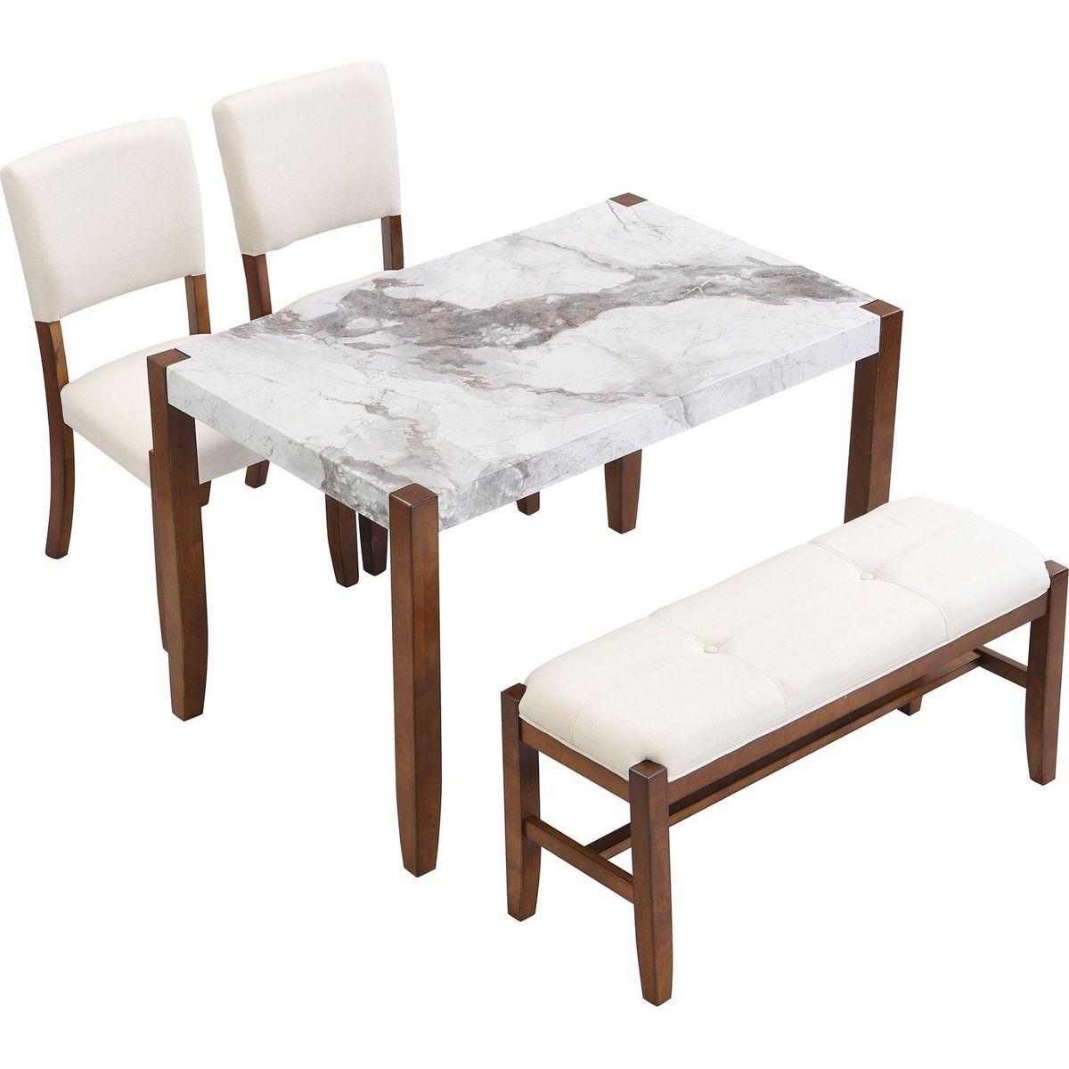 4-Piece Modern Dining Furniture Set, 4-Person Space-Saving Dinette for Kitchen, 46" Faux Marble Style Table and 2 Upholstered Chairs & Bench with Wood Legs