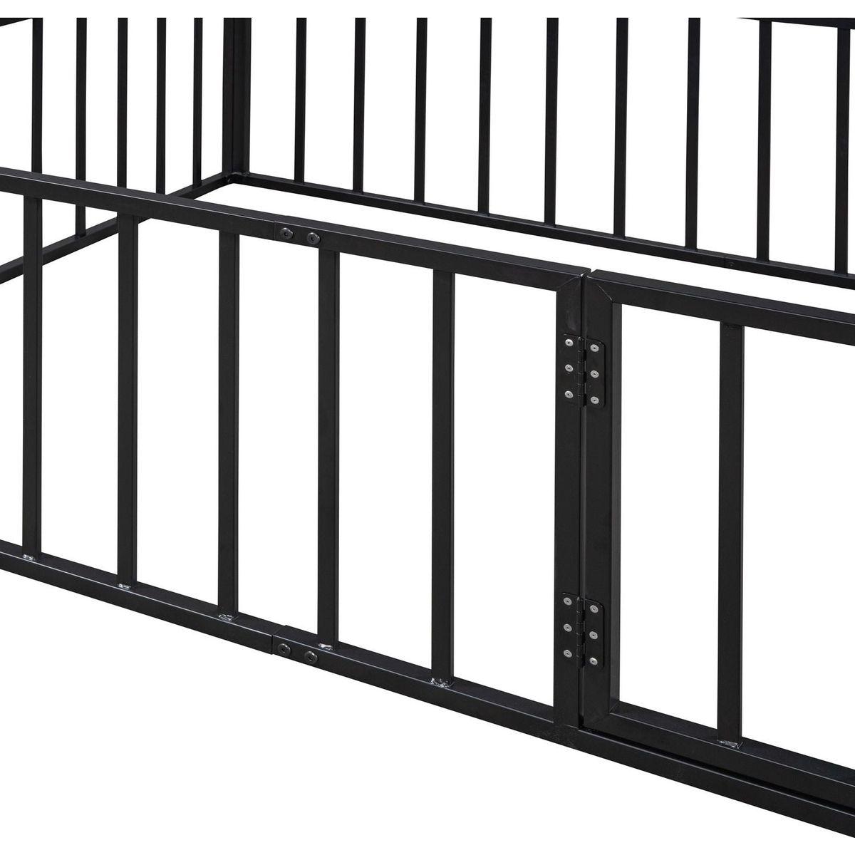 Full Size Metal Floor Bed Frame with Fence and Door, Black