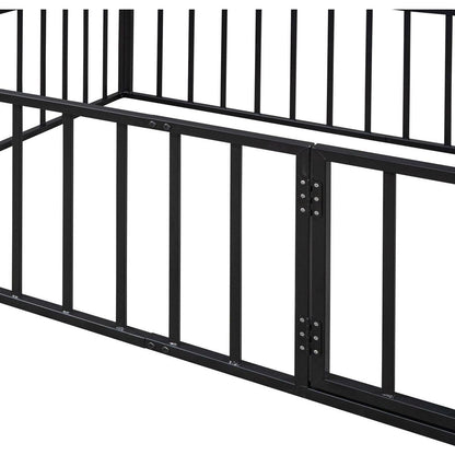 Full Size Metal Floor Bed Frame with Fence and Door, Black