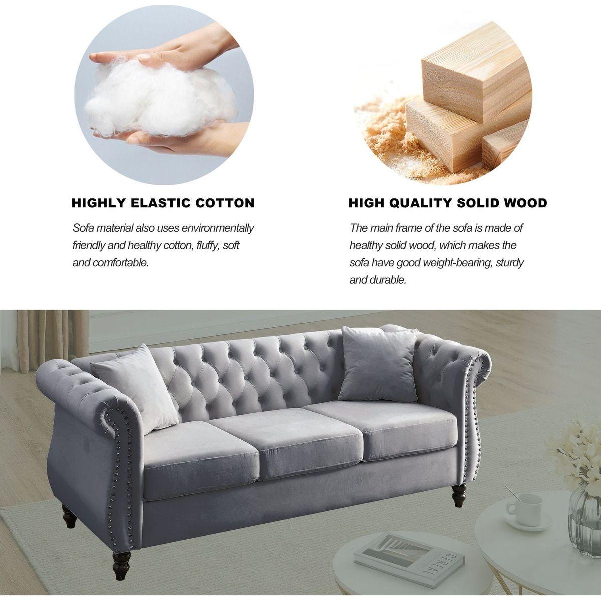 80" Chesterfield Sofa Grey Velvet for Living Room, 3 Seater Sofa Tufted Couch with Rolled Arms and Nailhead for Living Room, Bedroom, Office, Apartment, two pillows