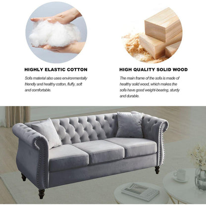 80" Chesterfield Sofa Grey Velvet for Living Room, 3 Seater Sofa Tufted Couch with Rolled Arms and Nailhead for Living Room, Bedroom, Office, Apartment, two pillows