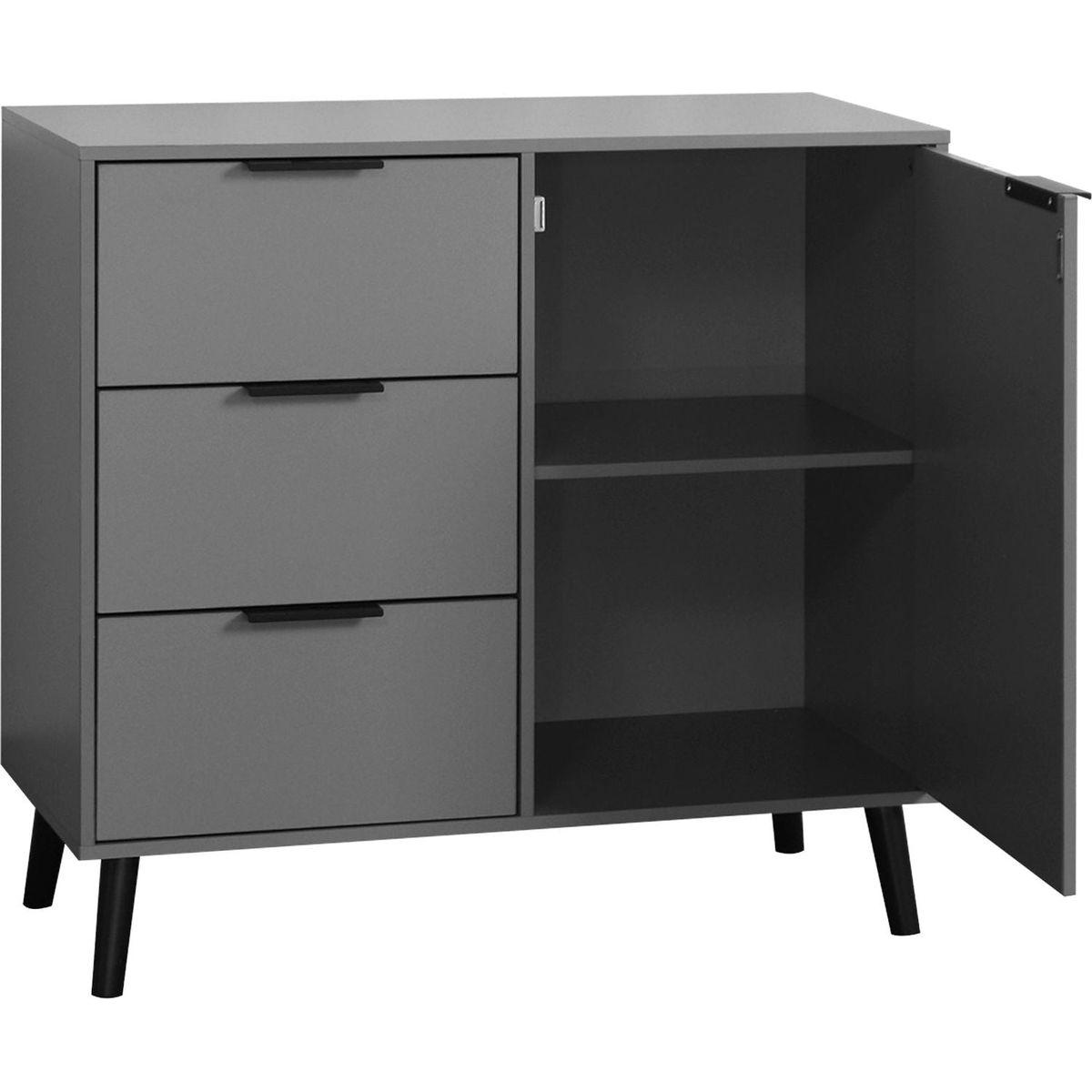 Storage Cabinet with 3 Drawers & Adjustable Shelf, Mid Century Cabinet with Door, Accent Cabinet for Living Room, Home Office, Entryway, Gray