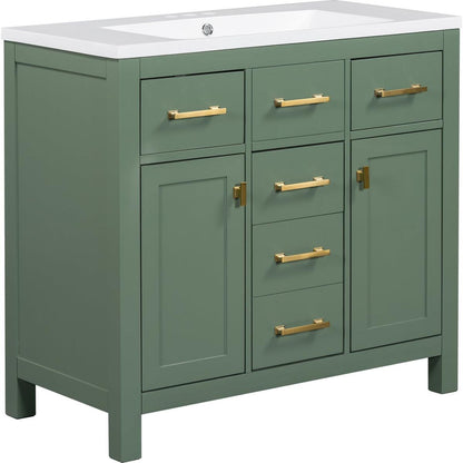 36" Bathroon Vanity with Resin Sink Combo Set,Modern Freestanding Single Bathroom Cabinet with 4 Drawers & 2 Cabinets,Storage Cabinet for Bathroom, Solid Wood Frame Vanity Set, Green